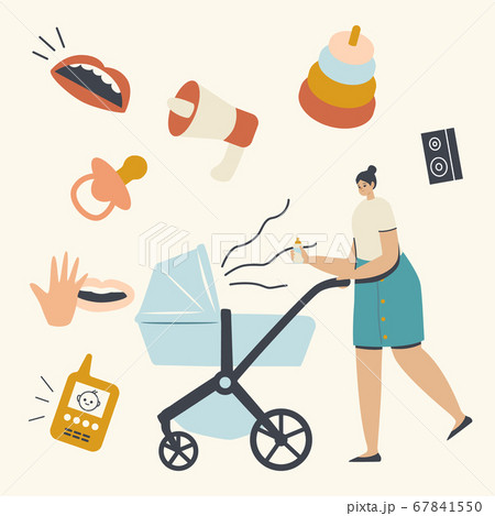 Young Mother Pushing Pram with Newborn Baby Screaming and Crying inside. Mom Holding Feeding Bottle. Parenting Lifestyle Young Mother Pushing Pram with Newborn Baby Screaming and Crying inside. Mom Holding Feeding Bottle. Parenting Lifestyle 67841550