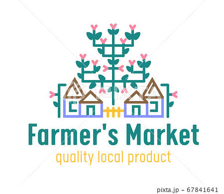 Farm or Farmer Market Banner with Country Cottages and Blooming Plant. Ecological Natural Organic Production Ad Poster Farm or Farmer Market Banner with Country Cottages and Blooming Plant. Ecological Natural Organic Production Ad Poster 67841641