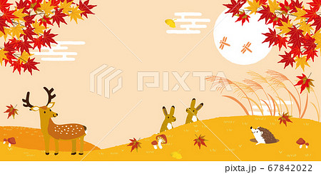 動物たちと秋の風景 背景イラストのイラスト素材