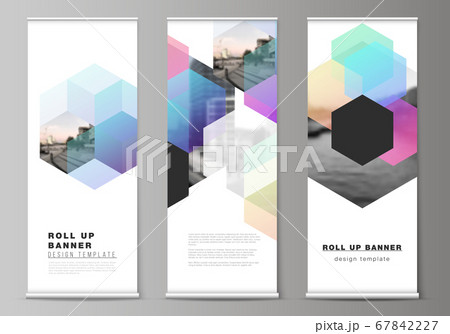 Vector layout of roll up mockup design templates with colorful hexagons, geometric shapes, tech background for vertical flyers, flags design templates, banner stands, advertising design mockups. 67842227