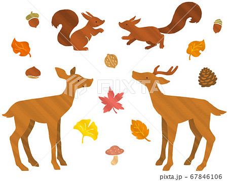 シカとリスのペア 紅葉 木の実のイラストセット 手描き風ブラシテクスチャー のイラスト素材