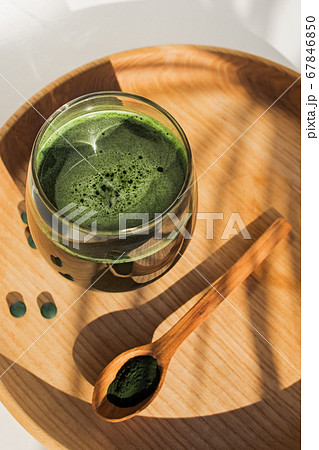 Spirulina or chlorella. Green food supplement. 67846850