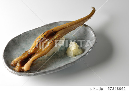 お皿の上に盛り付けられた炙り煮穴子の一本握り(白背景) お皿の上に盛り付けられた炙り煮穴子の一本握り(白背景) 67848062