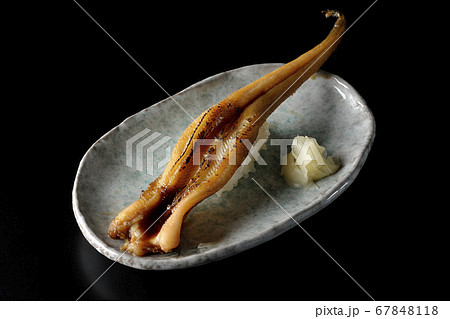 お皿の上に盛り付けられた炙り煮穴子の一本握り（黒背景） 67848118