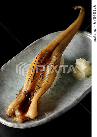 お皿の上に盛り付けられた炙り煮穴子の一本握り(黒背景) お皿の上に盛り付けられた炙り煮穴子の一本握り(黒背景) 67848126