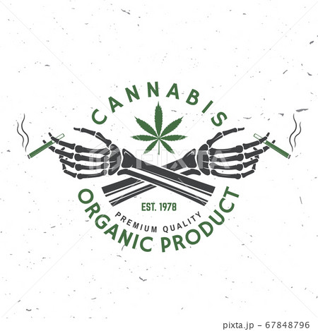 Medical cannabis badge, label with skeleton hand, smoking marijuana Vector. Vintage typography logo design with cannabis, skeleton hand silhouette For weed shop, cannabis, marijuana delivery service 67848796
