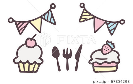 ケーキ ガーランド カトラリーパーティ お祝い 誕生日 手描き おしゃれ かわいい ゆるい 線画のイラスト素材