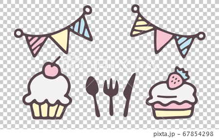 ケーキ ガーランド カトラリーパーティ お祝い 誕生日 手描き おしゃれ かわいい ゆるい 線画のイラスト素材
