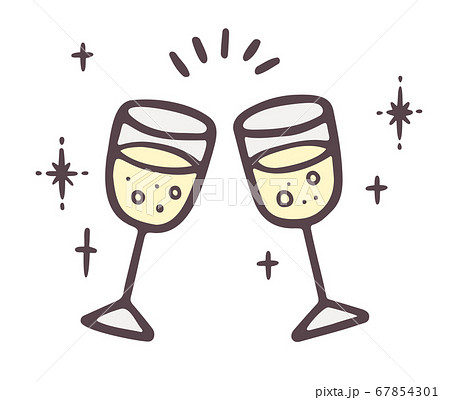 シャンパン グラス 乾杯 パーティ お祝い 誕生日 手描き おしゃれ かわいい ゆるい 線画のイラスト素材