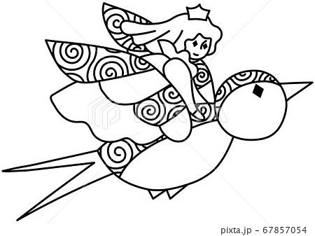 ツバメに乗って飛ぶおやゆび姫 モノクロ線画のイラスト素材