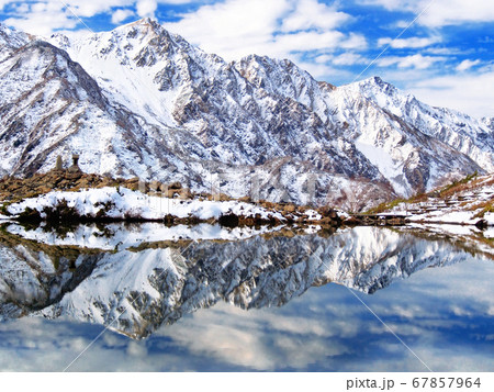 初冠雪の白馬連峰を映す八方池の水鏡 67857964