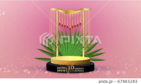 Metallic golden stage with palm leafs, realistic, Metallic golden stage with palm leafs, realistic, 67863283