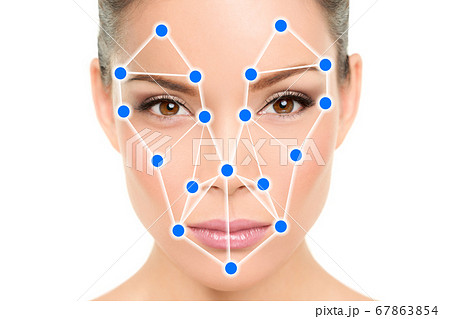 Biometric facial recognition software app technology for face identity verification identification concept. Asian woman portrait wilth blue dots mesh scan illustration graphic designà 67863854