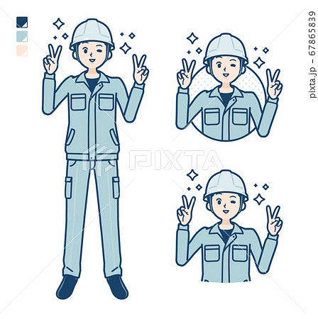 Simple Work Wear Construction Site Man Peace Signのイラスト素材