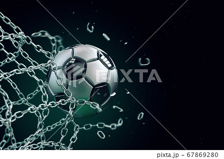 Soccer ball made of metal breaking metal net 67869280