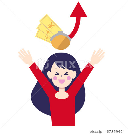 お金のアップに喜ぶ女性のイラストのイラスト素材