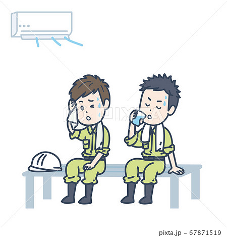涼しい場所で休憩する男性作業員2人のイラストのイラスト素材