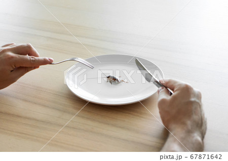 Top view, a man eating a cockroach. Cockroach in a Top view, a man eating a cockroach. Cockroach in a 67871642