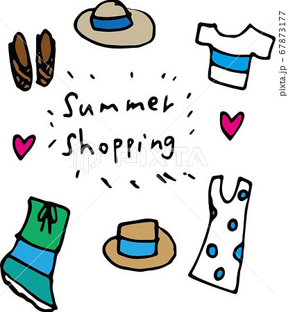 夏のショッピングの洋服や帽子やサンダルの手描きイラストのイラスト素材