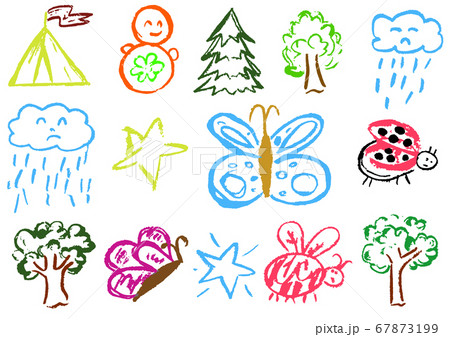 Children's drawing with colored wax crayons. Design elements of packaging, postcards, wraps, covers. Sweet children's creativity. Butterfly, bug, ladybug, tree, star, cloud, rain, fur-tree, tumbler, t Children's drawing with colored wax crayons. Design elements of packaging, postcards, wraps, covers. Sweet children's creativity. Butterfly, bug, ladybug, tree, star, cloud, rain, fur-tree, tumbler, t 67873199