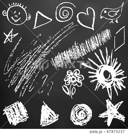 Child drawing with white chalk on a black board. Design elements of packaging, postcards, wraps, covers. Sweet children's creativity. Square, triangle, circle, star, flower, sun, grass, bird, spiral,  67873237