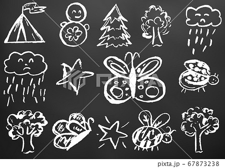 Child drawing with white chalk on a black board. Design elements of packaging, postcards, wraps, covers. Sweet children's creativity. Butterfly, bug, ladybug, tree, star, cloud, rain, fur-tree, tumble Child drawing with white chalk on a black board. Design elements of packaging, postcards, wraps, covers. Sweet children's creativity. Butterfly, bug, ladybug, tree, star, cloud, rain, fur-tree, tumble 67873238
