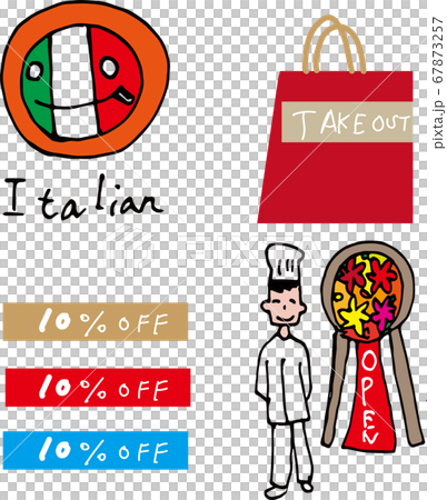 イタリアンの外食店のロゴとオープン記念やテイクアウトの手描きイラストのイラスト素材