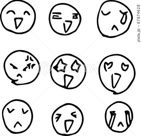 シンプルな丸顔の手描き表情アイコン絵文字モノクロイラストのイラスト素材