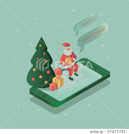 Christmas isometric illustration. Santa Claus delivering gifts, online presents to people, 3D Vector Santa throwing gifts into smart phone. Flat design icon template for sale, delivery. 67875792