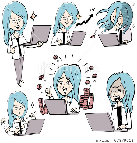 青い髪の女性とパソコンのイラスト素材