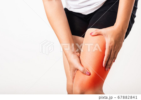 Woman have cramp calf tired pain legs she holding 67882841