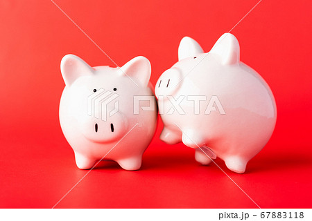 Front two small white fat piggy bank, studio shot 67883118