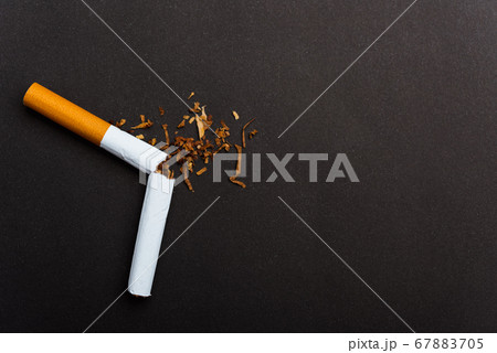 broken pile cigarette or tobacco on black 67883705