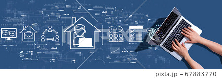 Remote Work theme with woman using a laptop Remote Work theme with woman using a laptop 67883770