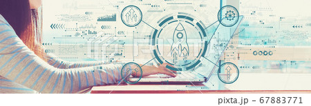 Rapid growth concept with woman working on a laptop Rapid growth concept with woman working on a laptop 67883771