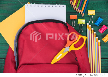 Top view Red bag backpack for education children Top view Red bag backpack for education children 67883892