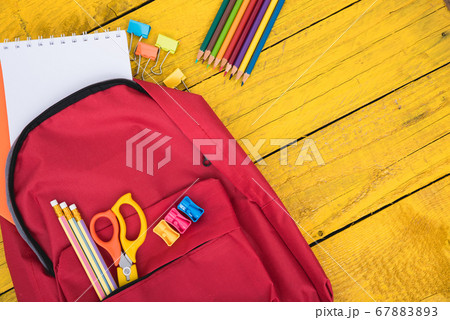 Top view Red bag backpack for education children Top view Red bag backpack for education children 67883893