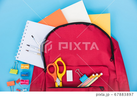 Top view Red bag backpack for education children Top view Red bag backpack for education children 67883897