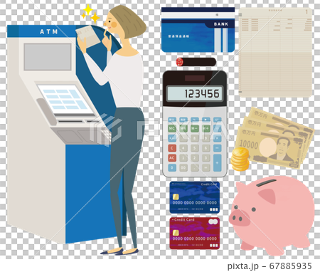 ATMを操作する女性 通帳セット ATMを操作する女性 通帳セット 67885935