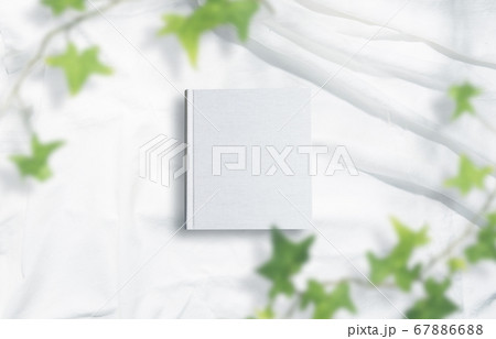 白背景の生成りの生地のアルバム冊子と植物グリーン 白背景の生成りの生地のアルバム冊子と植物グリーン 67886688