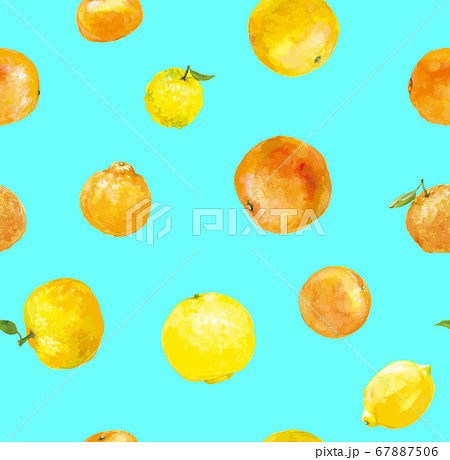 瀬戸内柑橘フルーツのシームレスパターン素材 青背景 のイラスト素材