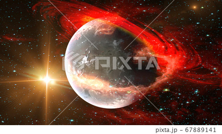 Sunrise view of alien planet from space with red Sunrise view of alien planet from space with red 67889141
