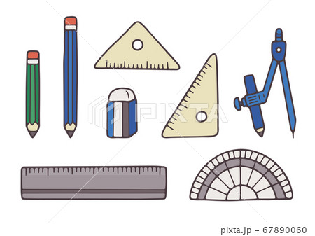 文房具 ステーショナリー 定規 鉛筆 消しゴム 線画 イラストのイラスト素材