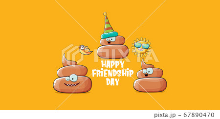 Happy friendship day horizontal banner or greeting card with vector funny cartoon poo friends characters isolated on abstract orange background. Best friends concept 67890470