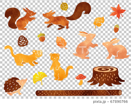 森の小動物と秋の紅葉の水彩風イラストセット 森の小動物と秋の紅葉の水彩風イラストセット 67890766