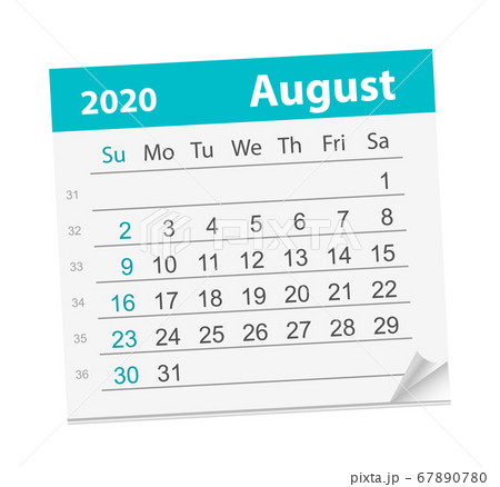 Calendar sheet for the month of August 2020. Calendar sheet for the month of August 2020. 67890780