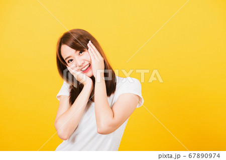 woman teen stand surprised excited celebrating 67890974