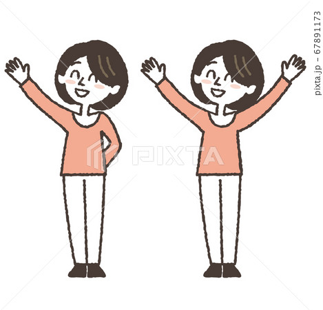 笑顔で手を上げている女性のイラストセット 67891173
