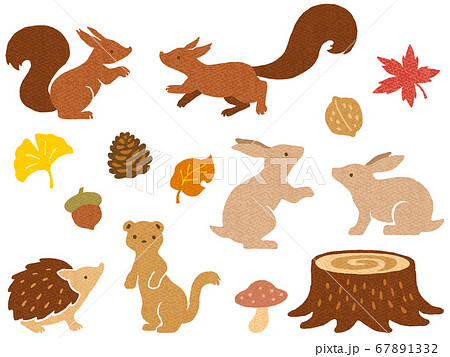 秋の紅葉と森の小動物のイラストセット 画用紙テクスチャ のイラスト素材