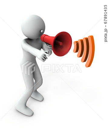 ハンドマイクで指図するキャラクター。3Dレンダリング。 67891435
